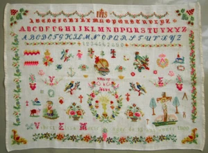 1900 ENTZÜCKENDE & FARBENFROHE ANTIKE FRANZÖSISCHE WOLLARBEITSPROBENMASCHINE 'ELISA MARIE VIBERT' - Bild 1 von 9