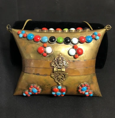Beautifully Decorated Vintage Brass/Copper PILLOW PURSE with Shoulder Chain - Image 1 of 4
