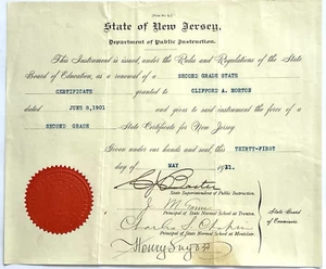 ANTIGUO DEPARTAMENTO DEL ESTADO DE N.J. 1901 DE INSTRUCCIÓN CERTIFICADO DE ENSEÑANZA 2º GRADO - Imagen 1 de 4