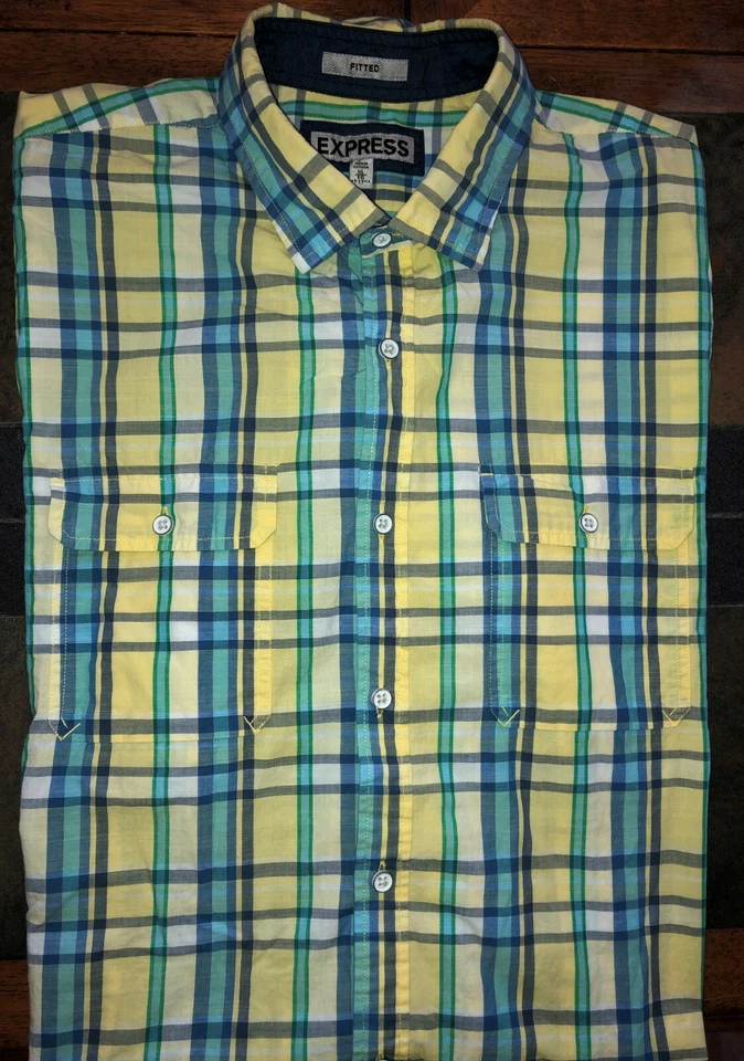 Mens Express Fitted Long Sleeve Multicolor Plaid Button Up Shirt XL 17 17 1/2 - Image 1 of 2