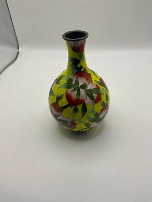 Jarrón vintage coreano 99% plata fina y esmalte amarillo con flores Foto 1 de 4