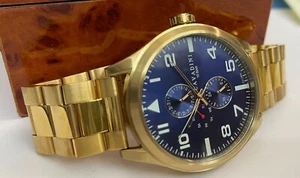 Cavadini 50mm Herrenuhr Fliegeruhr Kalender Edelstahl marineblau CV-1003 Vergold - Picture 1 of 5