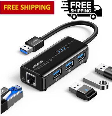 UGREEN USB 3.0 Hub Ethernet Adapter 10/100/1000 Gigabit Network Converter+3 USB - Image 1 of 4