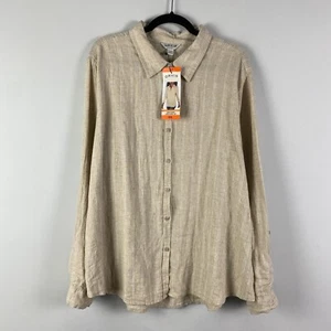 Orvis Linen Blend Button Up Shirt Top Womens XXL Taupe Tan Stripe Long Sleeve - Picture 1 of 13