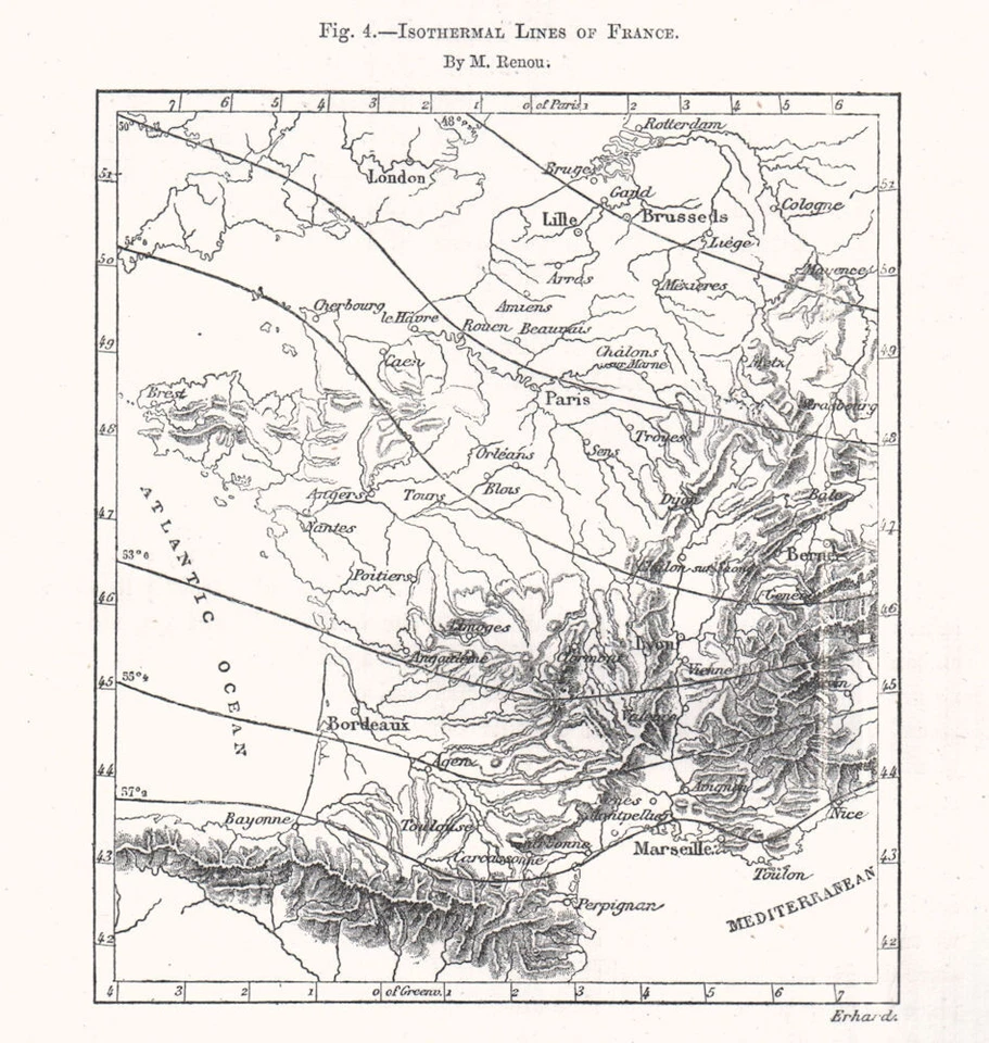 Líneas isotérmicas de Francia. Boceto mapa 1885 antiguo antiguo vintage plano gráfico Foto 1 de 1