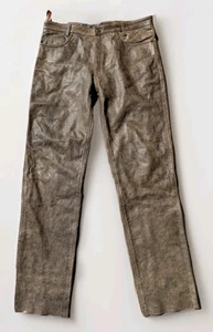 Mens Bockle Distressed Heavy Leather Brown Motorcycle Pants Jeans 38x35 Lined - Picture 1 of 13