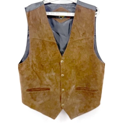 Colete Scully Masculino Vintage Couro Camurça Brn L Javali Ocidental Snap Colete Rodeio Cowboy - Imagem 1 de 4