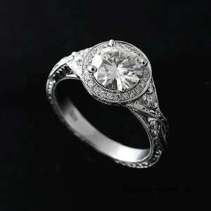 Round Cut Simulated Diamond Halo Wedding Band Ring In 14k White Gold Plated - Picture 1 of 5