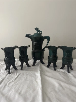 Vintage Chinese Blue/Black Glaze Foo Dog Porcelain Wine Set w/Chueh Cups  (11”) - Image 1 of 4