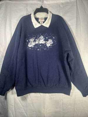 VNTG Morning Sun Women's Sweatshirt XL Blue Embroidered Kittens Play In The Snow - Image 1 of 4