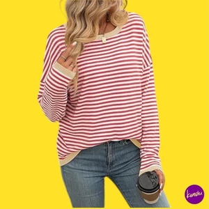 UNBRANDED Cozy Striped Sweater, Color Block Hollow Knit Pullover, Red, UK L - Picture 1 of 8