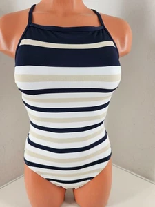 Traje de baño Michael Kors Nauset a rayas cuello alto espalda cruzada de una pieza azul marino talla 8 - - Imagen 1 de 10