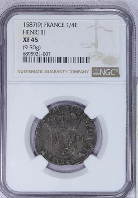 1587(9) France 1/4E 1/4 Ecu Henri III NGC XF45 EF45 - Image 1 of 4