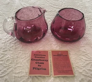 Mouth Blown Hand Shaped Cranberry Glass Creamer & Sugar Bowl Fused Gold/Crystal - Picture 1 of 10