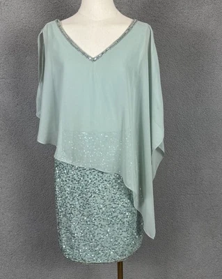 Vestido de cóctel Jkara Celadon lentejuelas con superposición transparente cuello en V talla 8P verde nuevo con etiquetas Foto 1 de 4