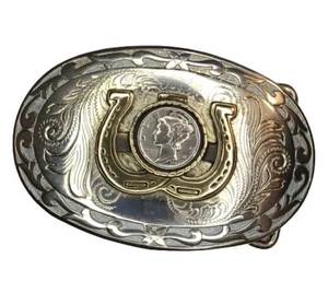 1945 Mercury Dime Double Horseshoe Western Cowboy/Cowgirl Metal Belt Buckle - Picture 1 of 9