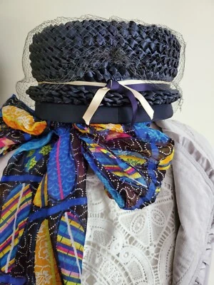 Vintage 1950's-1960's Union Made Navy Blue Straw Ladies Church/Semi-Formal Hat - Image 1 of 4