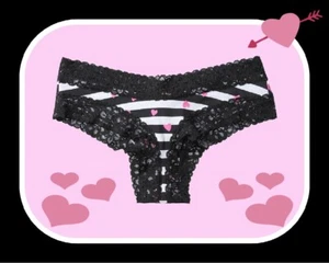 XL Black White Pink Heart Victoria's Secret Cotton Lace-Waist & Leg Cheeky Panty - Picture 1 of 7
