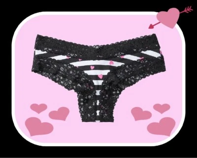 XL Black White Pink Heart Victoria's Secret Cotton Lace-Waist & Leg Cheeky Panty - Image 1 of 4