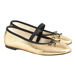 J Crew Serpiente Italiana Metálica Repujado Dorado Cuero Negro Zoe Ballet Plano Talla 9 - Imagen 1 de 3
