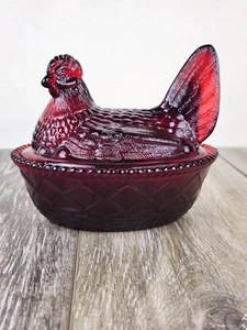 Ruby Red Glass Hen on Woven Nest Covered Candy Dish - Glows! - Picture 1 of 9