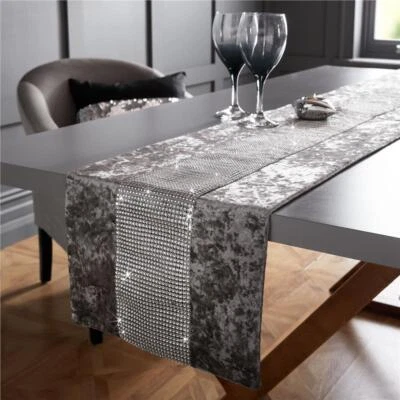 Diamante Table Runner Crushed Velvet Silver / Grey ,White, Black 72" or 90"      - Image 1 of 3