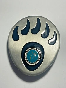 VTG 1995 Bear Claw Siskiyou Turquoise Metal Oval Belt Buckle Native American - Picture 1 of 4