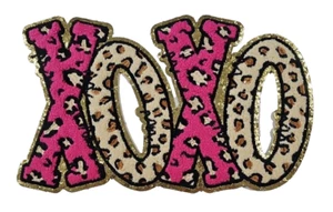XOXO Pink and Leopard Chenille & Gold Glitter Iron On Patch - Picture 1 of 2