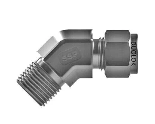 1/4" Tube OD x 1/4" MNPT 316ss 45° Male Elbow Fitting SSP DuoLok ISSD4M45E4 - Image 1 of 2