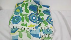 VINTAGE GROOVY MOD BLUE GREEN FLORAL  TWIN BEDSPREAD WITH POM POM TRIM  - Picture 1 of 7
