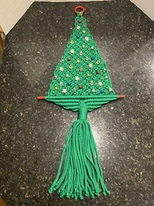 VTG Macrame Christmas Tree Wall Hanging Kitsch 70-80's Retro Red Silver Balls - Picture 1 of 9