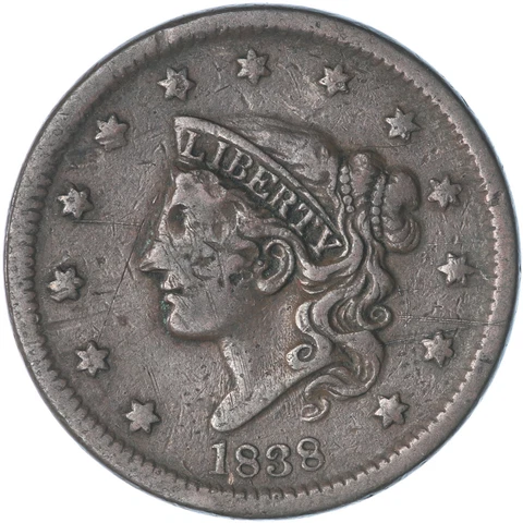 1838 (P) Coronet Large Cent Very Fine VF See Pics R624 Cover