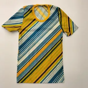 Vintage 70s 80s Blue Yellow & White Striped Retro T Shirt Size 8 - Picture 1 of 4