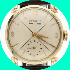 Vintage Benrus BB4 Fancy Lug Mechanical Watch 14K Yellow Gold Leather Strap 29MM - Picture 1 of 9