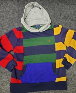 Polo Ralph Lauren Sweatshirt Boys Medium Blue Striped Hooded Fleece Lined Preppy - Picture 1 of 14