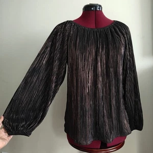 Damen Schwarz Bronze Metallic Akkordeon Plissee Langarm Bluse Top Medium - Bild 1 von 7