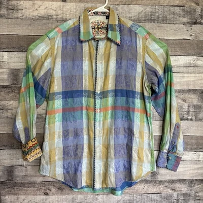 Robert Graham Shirt Mens Medium Purple Multicolor Plaid Linen Blend Flip Cuff - Image 1 of 4