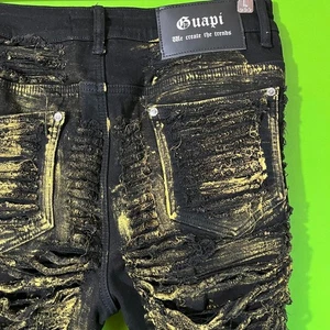 NWT Size 32 Guapi Distressed Stacked Gold Black Slim Jeans - Picture 1 of 5