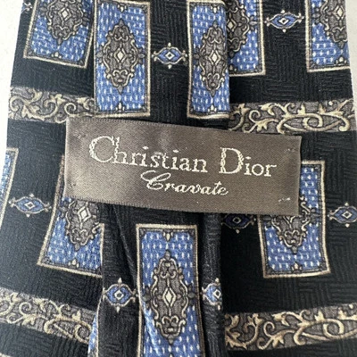 Corbata Christian Dior Cravate negra con rectángulos azules 100 % seda Foto 1 de 4