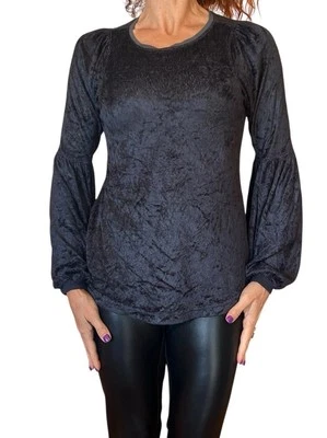 HARD TAIL FOREVER BLACK VELVET BURNOUT TOP SHIRT LONG PUFF SLEEVE PANE-21 MEDIUM - Image 1 of 4