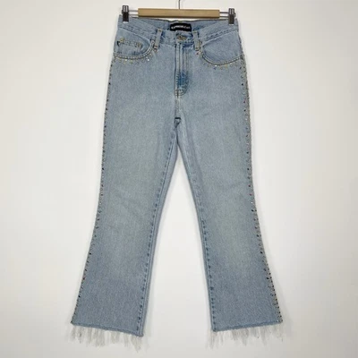 VTG Express Gem Studded Cropped Jeans Womens Size 1/2 DIY Raw Hem 27" Waist 90s - Image 1 of 4