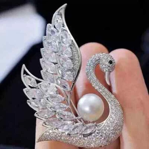 3Ct Round Cut Genuine White Pearl Women's Swan Brooch Pin 14K White Gold Plated - Picture 1 of 9