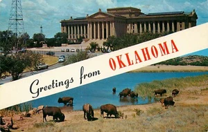 Cartolina Oklahoma Non Postata Multiviste Bisonte Campidoglio di Stato - Foto 1 di 2
