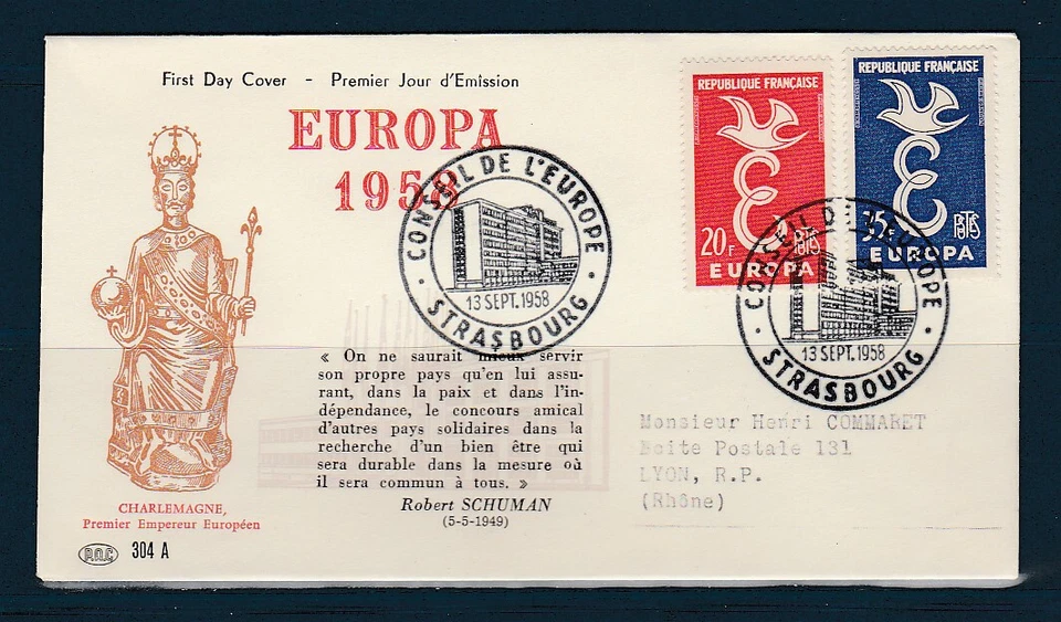 enveloppe 1er jour la paire Europa conseil de l'Europe 67 Strasbourg  1958 - Photo 1/1