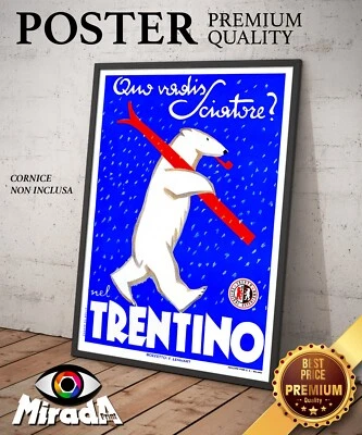 copia d'autore POSTER VINTAGE DOLOMITI TRENTINO SCI NEVE INVERNO ORSO PIPA