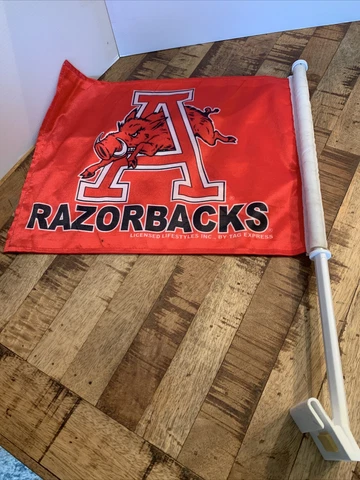 Vintage RARE Arkansas Razorbacks Car Window Flag NCAA Team Logo Red/Blck Letters Cover