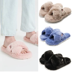 Womens Hunter Faux Fur Flatform Slide Crossover Straps Vegan Sandals NEW - Picture 1 of 19