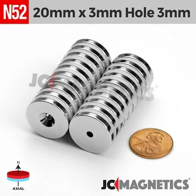 JC-MAGNETICS 20mm x 3mm Hole 3mm Strong N52 Countersunk Ring Rare Earth Neodymium Magnet