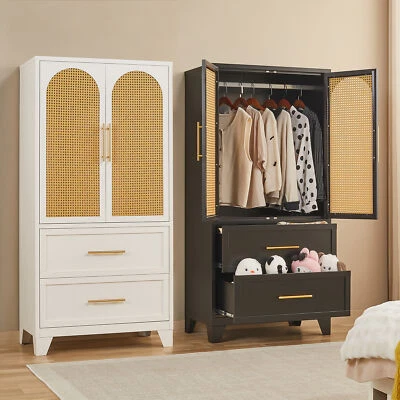 Armario de acero 65" 2 cajones puerta de ratán armario de almacenamiento de ropa con varilla Foto 1 de 4