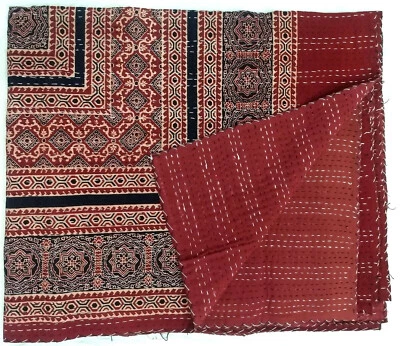 Indian Beautiful Ajrak Kantha Quilt King Size Coverlet Handmade Cotton Blankets - Image 1 of 4
